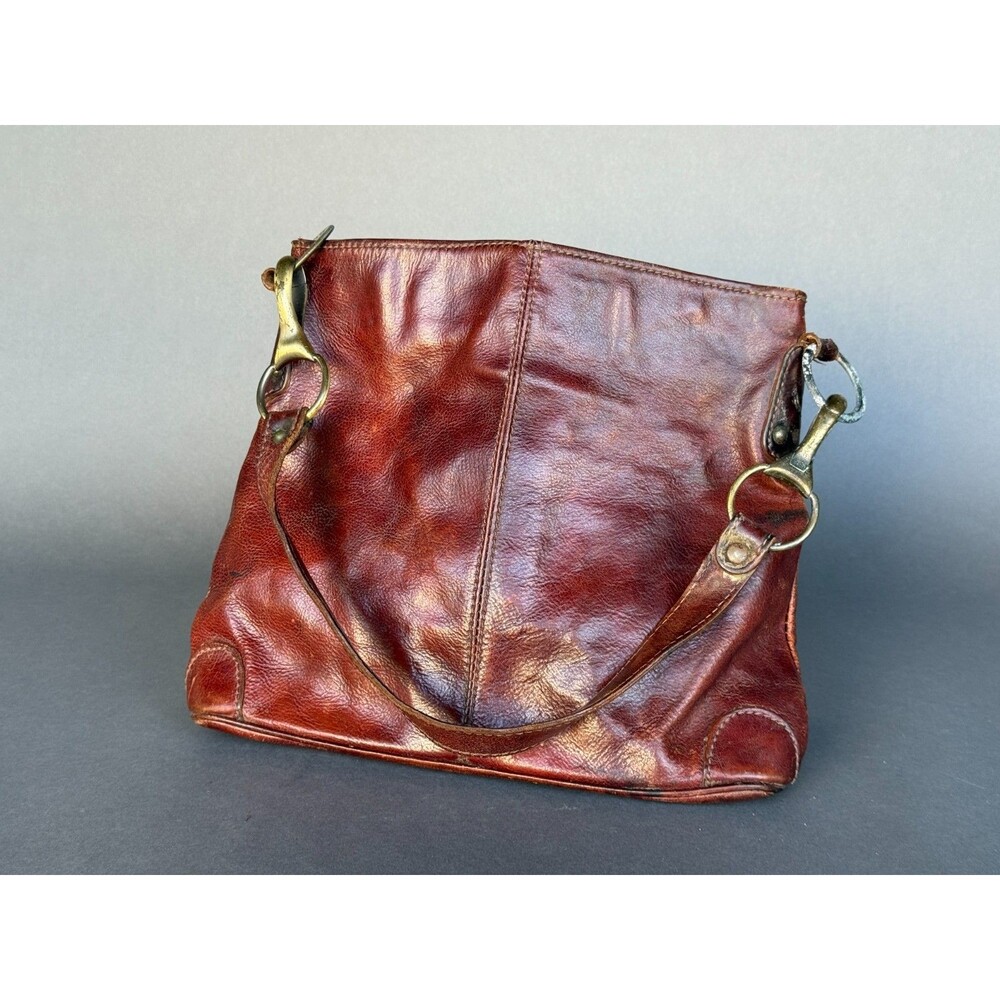 Vintage 90s Artisan Italian Leather Hobo Bag Brown Washed Brass Hardware Suede